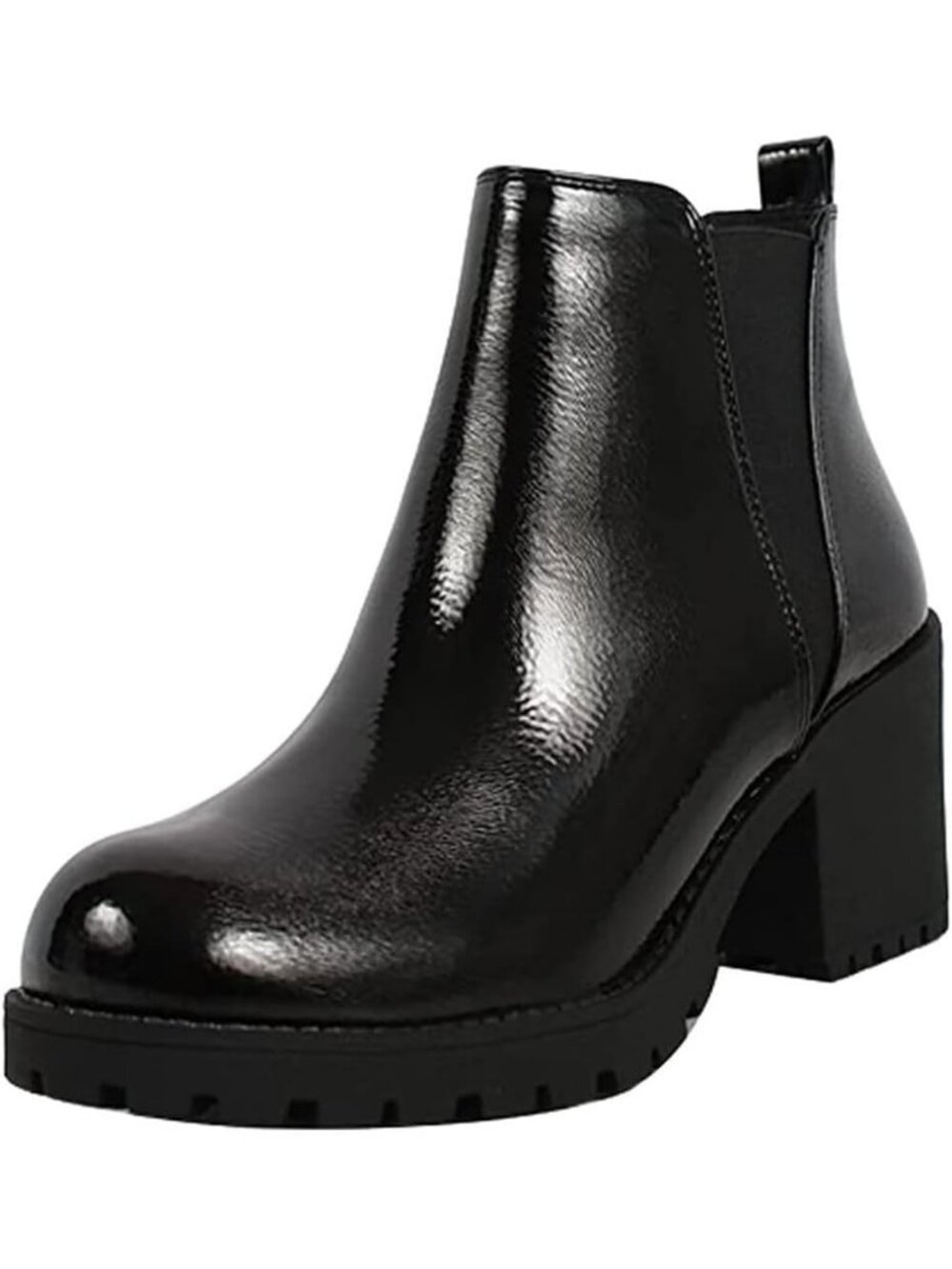 Women's Black Pat Origami Lug Sole Mid Heel Ankle Bootie Double Elastic Boot - Picture 3 of 5